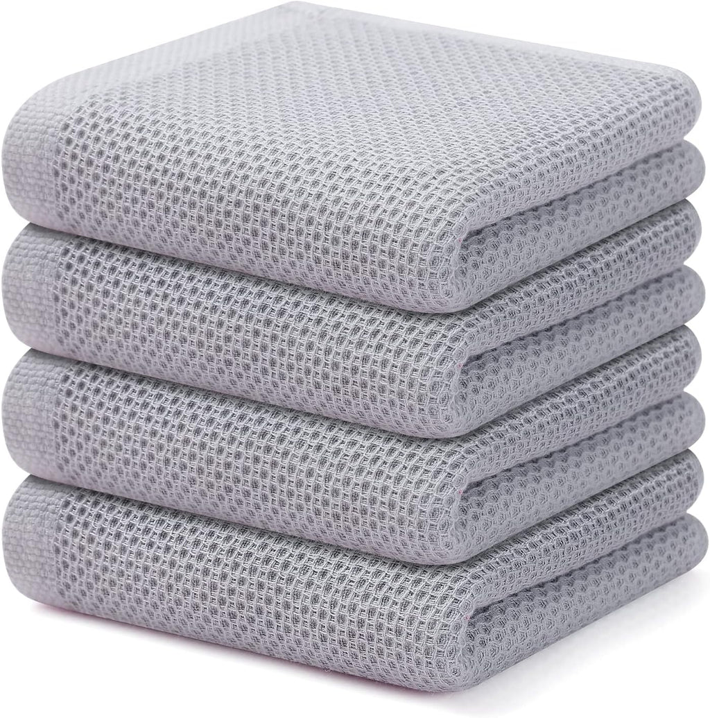 Kitinjoy 100% Cotton Waffle Weave Kitchen Dish Towels, 4-Pack Super Soft and Absorbent Kitchen Towels, 13 in x 28 in, Light Grey