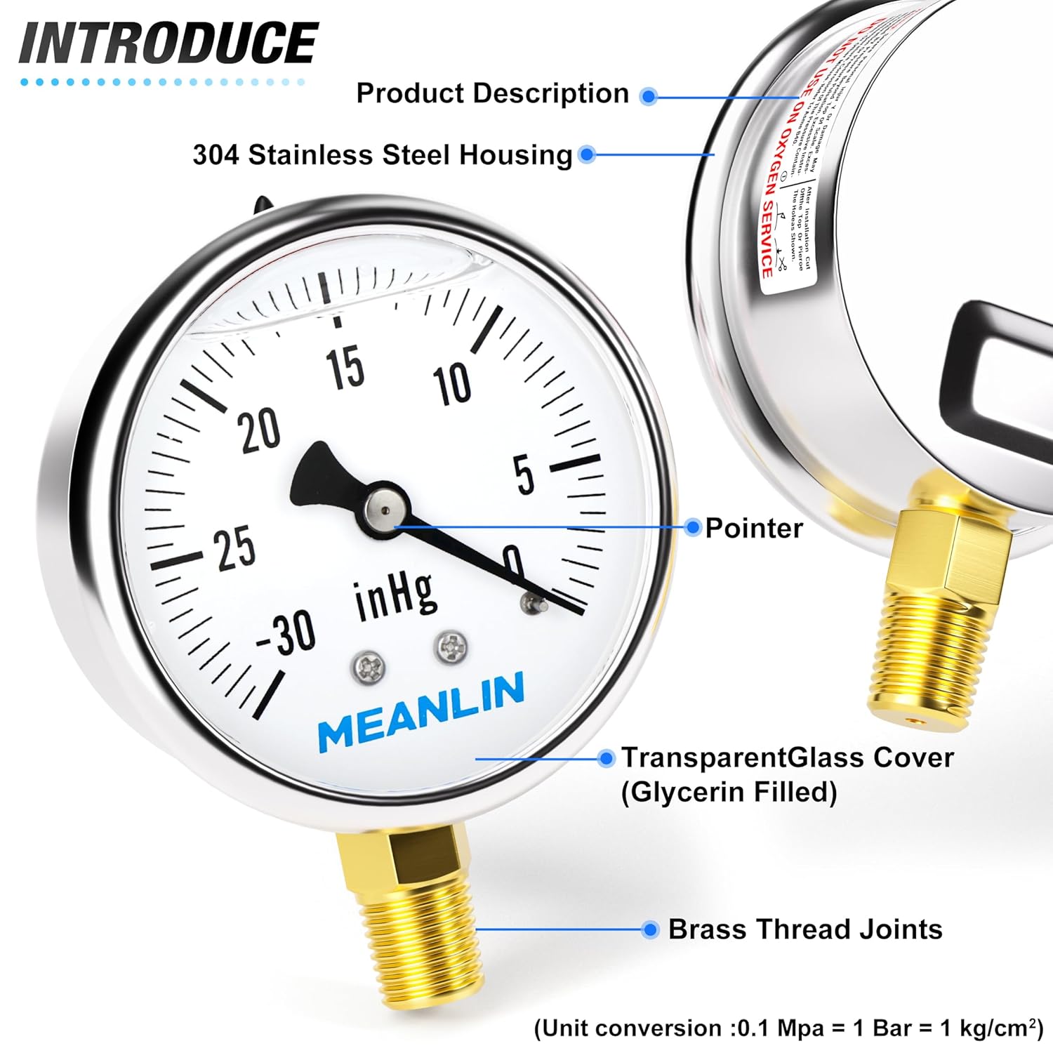 MEANLIN MEASURE -30~0Psi Stainless Steel 1/4" NPT 2.5" FACE DIAL,Vacuum Liquid Filled Pressure Gauge,Single Scale, WOG Water Oil Air Lower Mount, with 1/4" x 1/2" NPT and 1/4" x 3/8" NPT Hex Bushing