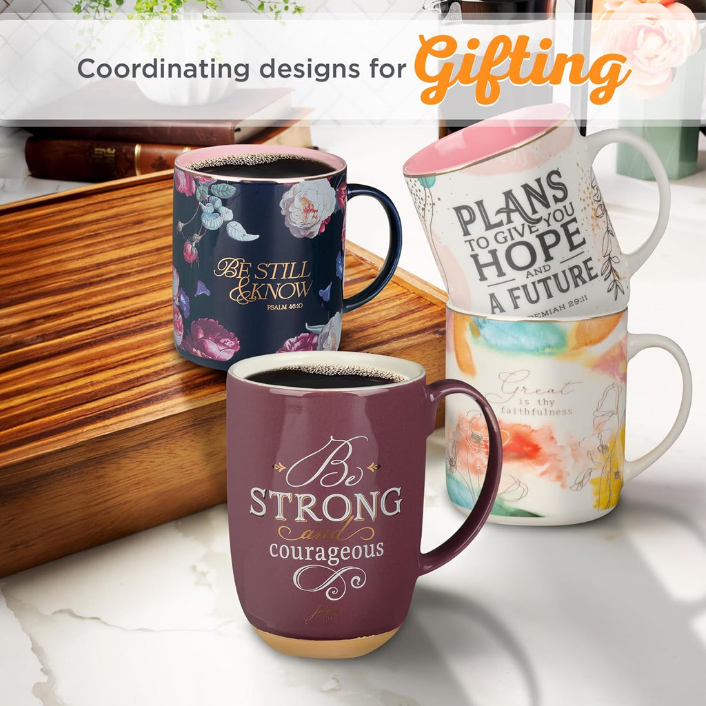 Christian Art Gifts Large Ceramic Inspirational Scripture Coffee & Tea Mug for Women: Be Still & Know Encouraging Gold Bible Verse, Lead/Cadmium Free Cute Drinkware, Dark Navy Blue/Pink Floral, 14 oz.