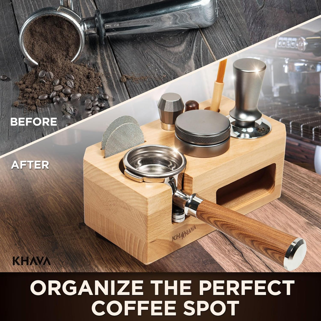 KHAVA Espresso Tamping Station | Wooden Coffee Tamper Station 51-54 mm | Espresso Organizer Portafilter Holder | Coffee Station Organizer for Countertop | Espresso Accessories for Coffee Bar, Natural