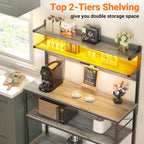 Aheaplus Bakers Rack with Power Outlet, Microwave Stand, 5 Tiers Coffee Bar Station with Led Lights, Kitchen Storage Shelf with 6 S-Shaped Hooks, Kitchen Rack Coffee Bar Stand, White Oak