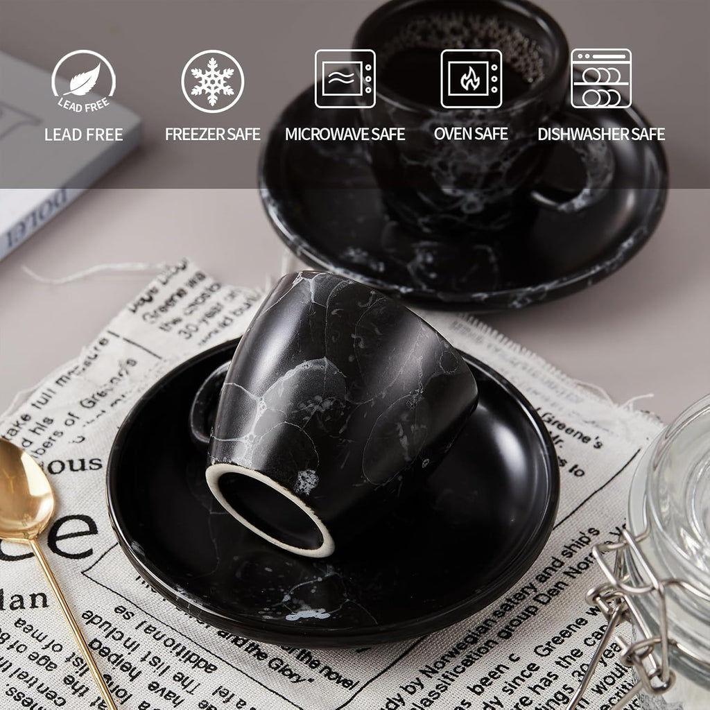 SIDUCAL Espresso Cups Set of 6,2 Ounce Ceramic Coffee Cups with Saucers,Porcelain Double Espresso Shot Cup Set,Gift Box for Boyfriend Gift(Black)