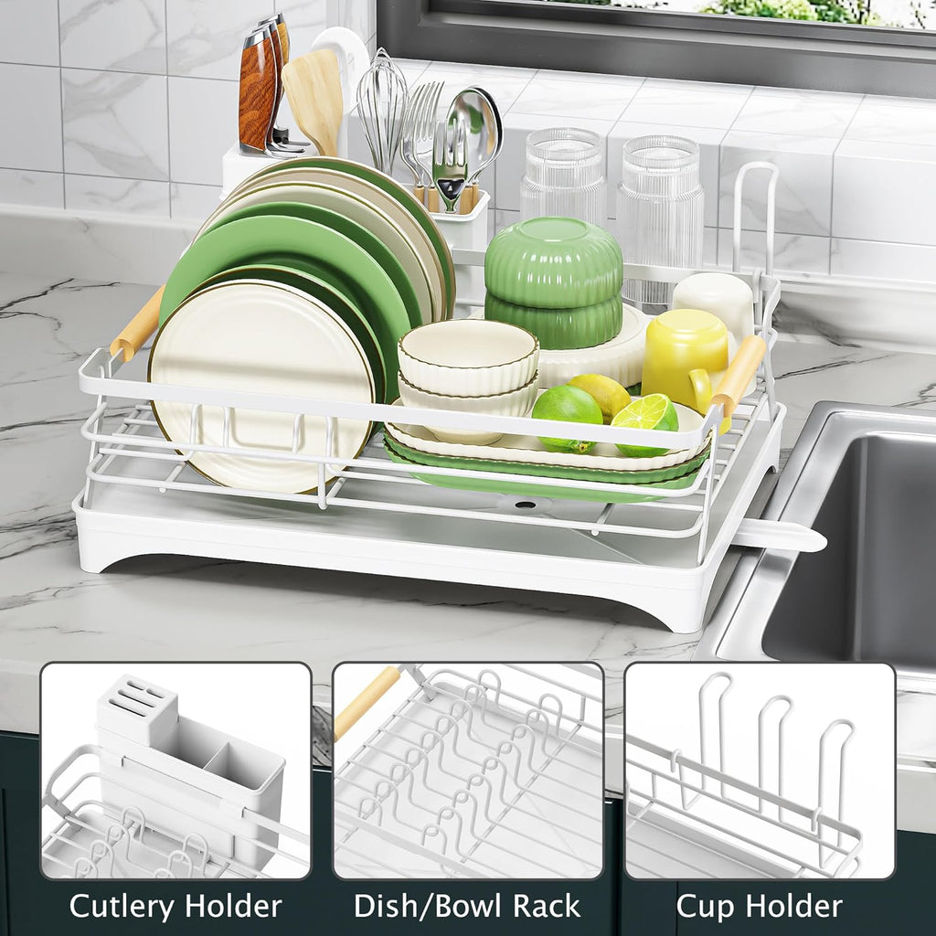 Epicano Dish Drying Rack for Kitchen Counter,Space-Saving Dish Rack,Rustproof Dish Drainer with Utensil Holder and Knife Slots for Sink,Kitchen Drying Rack with Wooden Handle and Cup Holder,White