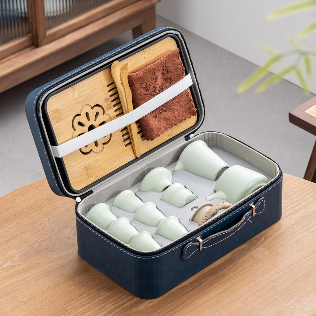 Travel tea set,Portable ceramic tea set,Chinese tea set,Tea sets for adults,Tea pot sets,Portable Travel Bag,Home,Gifting,Outdoor and Office,茶具 (Light green)
