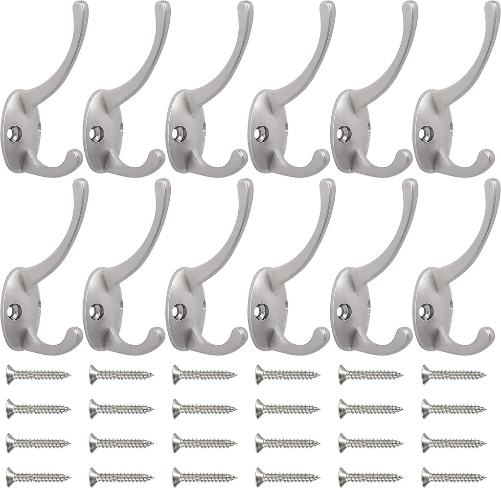 IBosins 12 Pack Silver Coat Hooks Wall Mounted with 24 Screws Retro Double Hooks Utility Silver Hooks for Coat, Scarf, Bag, Towel, Key, Cap, Cup, Hat