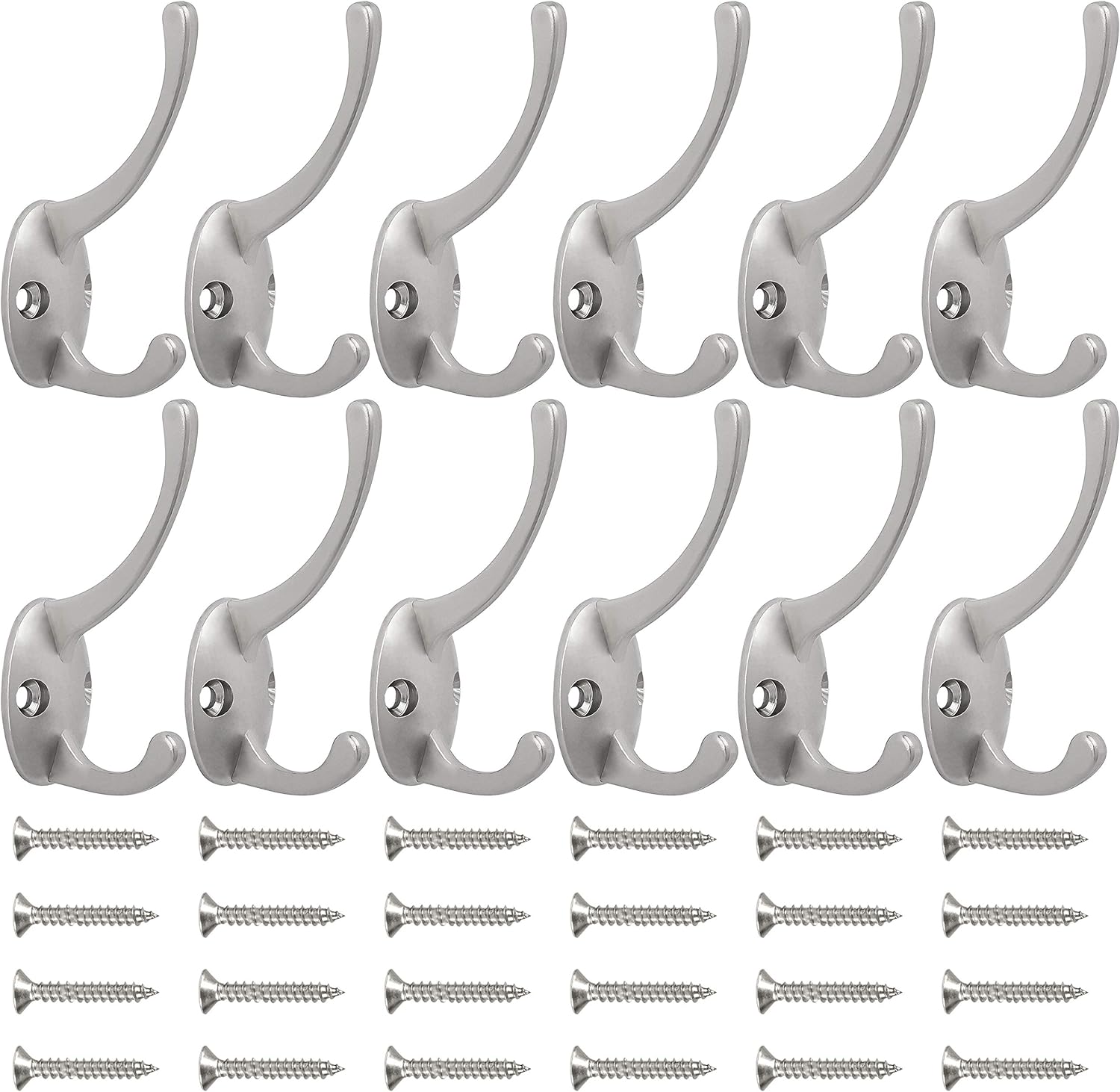 IBosins 12 Pack Silver Coat Hooks Wall Mounted with 24 Screws Retro Double Hooks Utility Silver Hooks for Coat, Scarf, Bag, Towel, Key, Cap, Cup, Hat