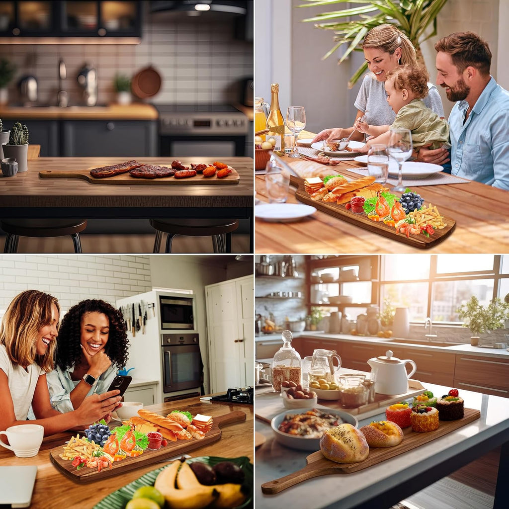 Kathfly 3 Pcs Acacia Wood Cutting Board with Handle Wooden Laser Kitchen Serving Charcuterie Board for Vegetables Meat Pizza Cheese Fruit Bread(24 x 7 Inch)