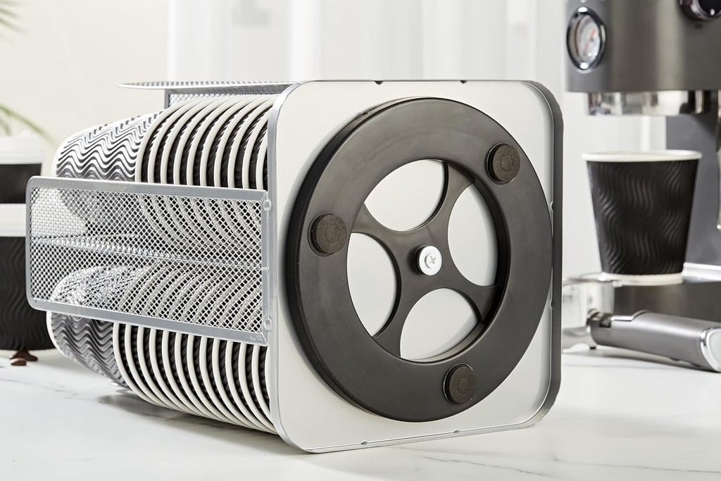 Annova Paper/Plastic Cup and Lid Holder Plastic Storage Organizer, 360°Rotating Coffee Mup Dispenser with 4 Compartments, Multifunctional Storage Rack for Home, Office, Bar, Coffee Shop (Silver)