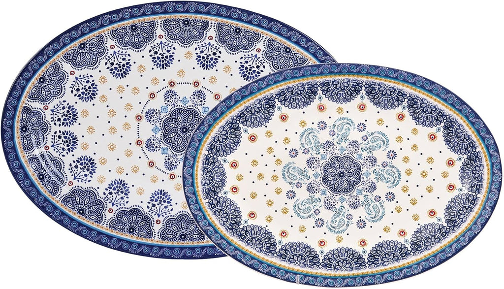 Bico Blue Talavera 16 plus 14 inch Oval Platters Set, Set of 2, Microwave and Dishwasher Safe, for Serving Fish, Chicken, Turkey