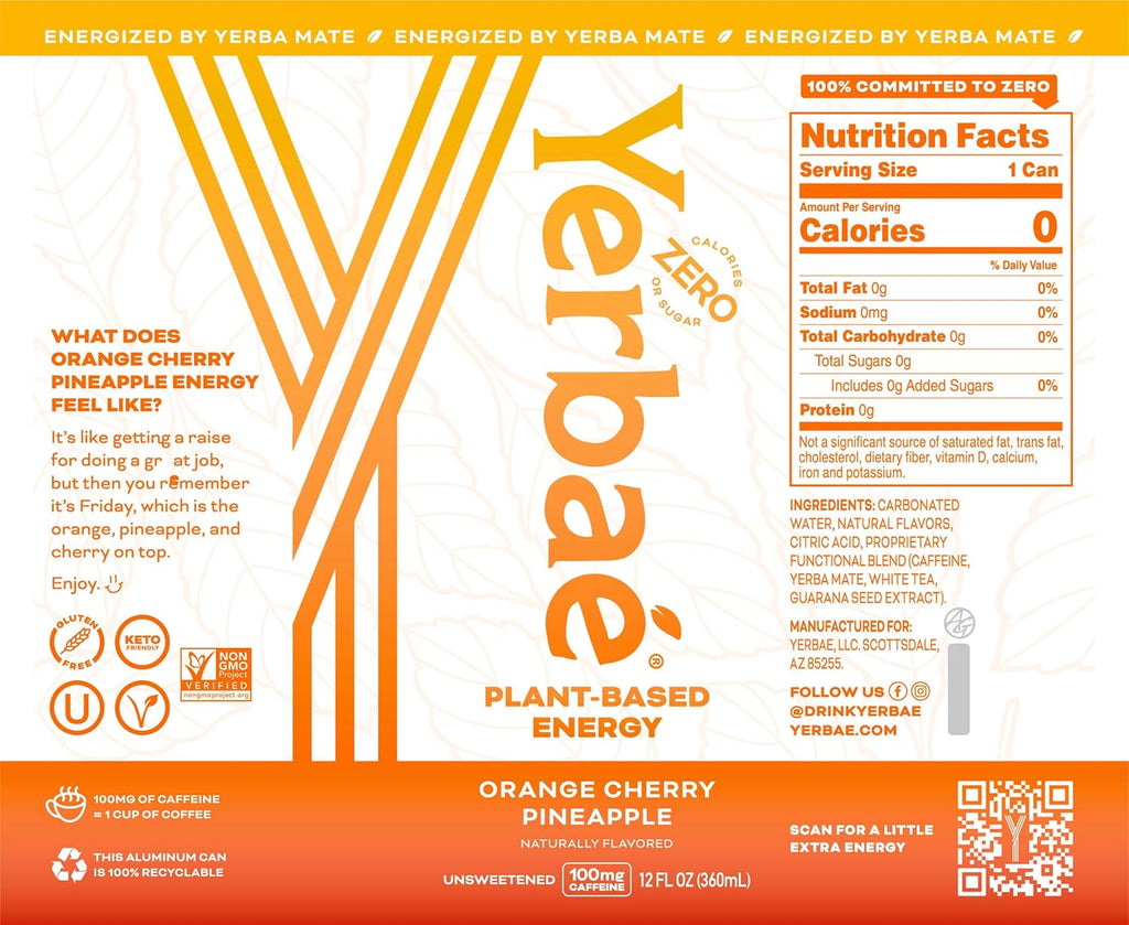 Yerbaé Energy Seltzer - Orange Cherry Pineapple No Sugar/Calories/Carbs. Energized by Yerba Mate, Naturally Caffeinated Plant-Based, Healthy Alternative to Coffee/Sugary Sodas, Pack of 12, 12oz cans