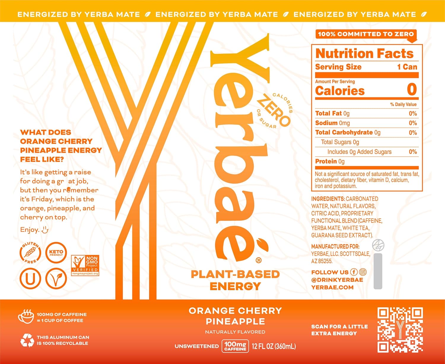 Yerbaé Energy Seltzer - Orange Cherry Pineapple No Sugar/Calories/Carbs. Energized by Yerba Mate, Naturally Caffeinated Plant-Based, Healthy Alternative to Coffee/Sugary Sodas, Pack of 12, 12oz cans
