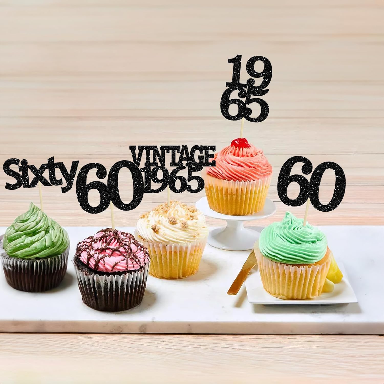 Gyufise 24Pcs Vintage 1965 Cupcake Toppers Cheers to 60 Fabulous Sixty Cupcake Picks Decorations for 60th Birthday Wedding Anniversary Party Cake Decorations Supplies Black