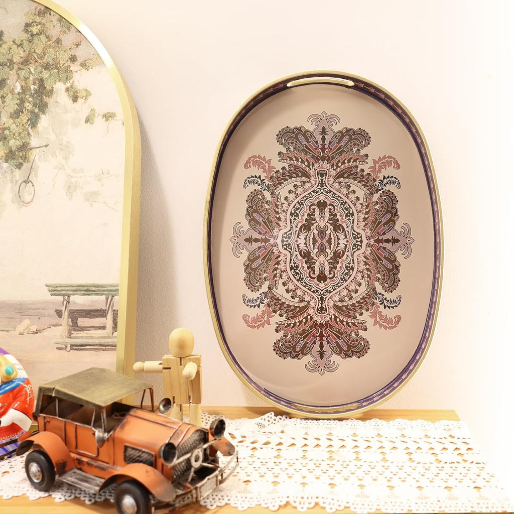 Oval Plastic Serving Tray with Handles, Elegant Decorative Tray for Coffee Table, Ottoman, Living Room, Kitchen, Outdoor Use. 10"*16"*1.4" B