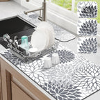 Findosom 2PCS 17" x 32" Dish Drying Mat & 24" x 5.5" Sink Splash Guard, Super Absorbent & Cuttable Dish Mat Drying Kitchen Mat with Gray Floral, Hide Stain Drying Mat for Kitchen Counter