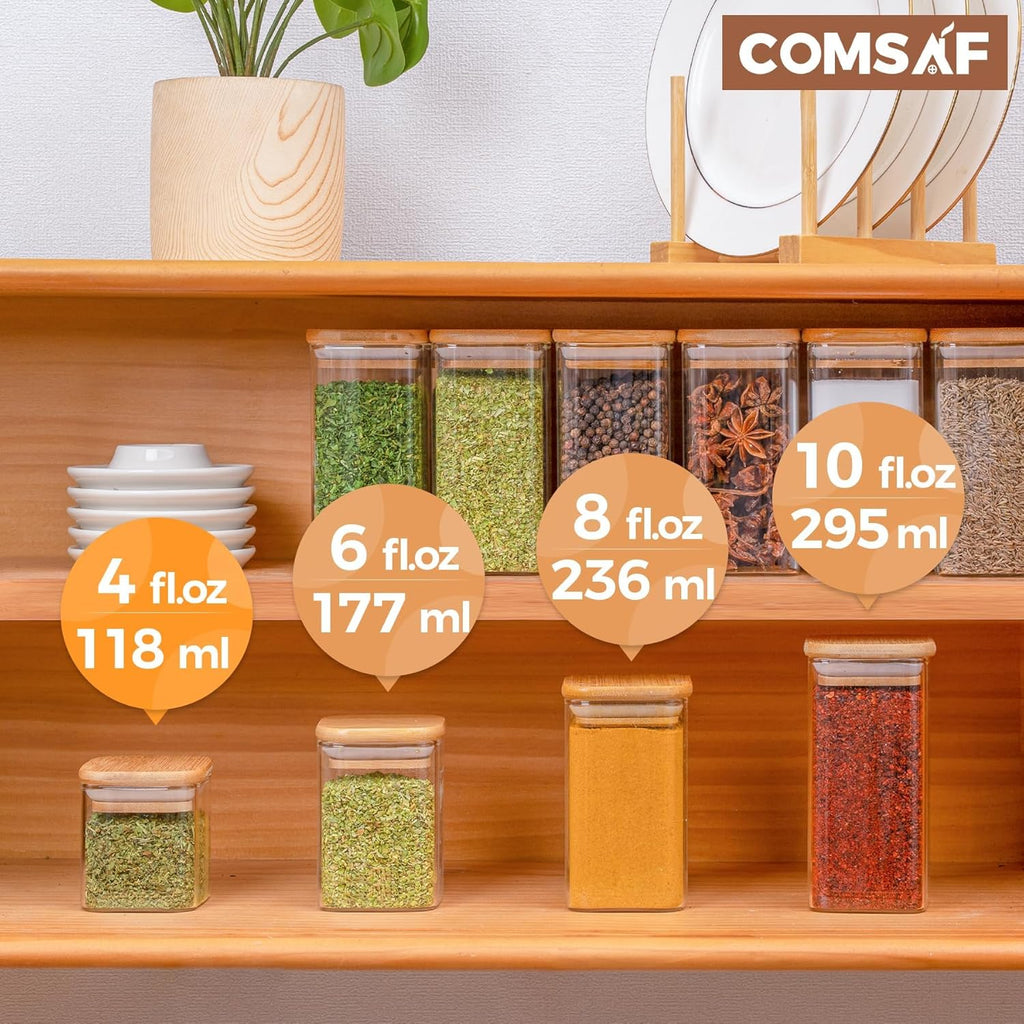 ComSaf 12Pcs Glass Spice Jars with Bamboo Lid, 4oz Airtight Square Spice Containers with 275 Black Lables, Empty Seasoning Jars for Spice Salt Sugar