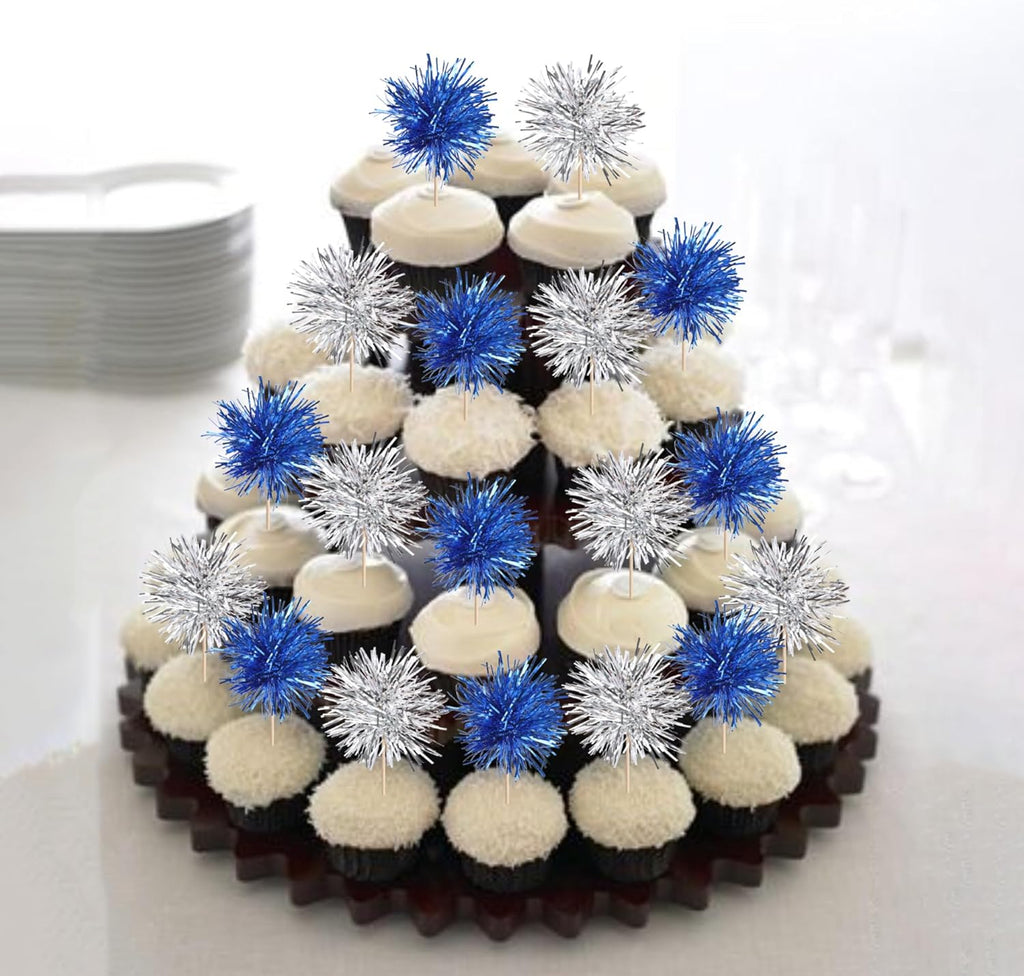 40 PCS Foil Firework Cupcake Toppers Sparkle Tinsel Cupcake Picks Fireworks Birthday Party Decorations Cocktail Fruit Toothpick for Birthday Wedding Graduation Party Decorations Supplies Silver Blue