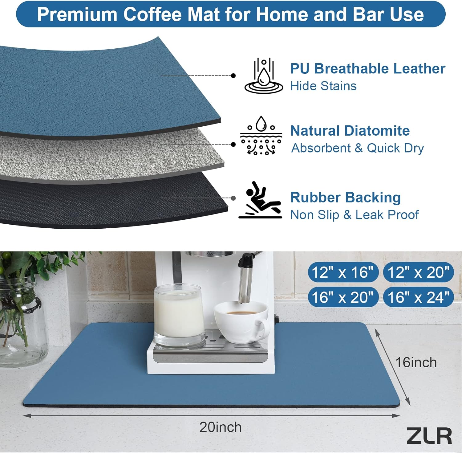 ZLR Coffee Mat - 16" x 20" Large Kitchen Hide Stain Absorbent Dish Drying Mat for Countertop - Easy to Clean Coffee Bar Mat for Espresso Machine and Spill Protection - Navy Blue