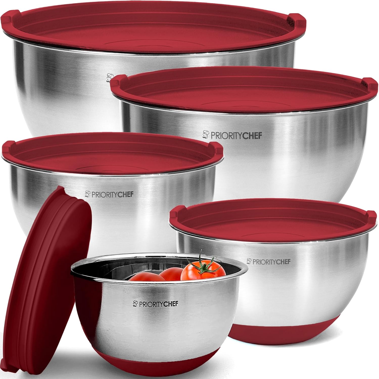 Priority Chef Premium Mixing Bowls With Airtight Lids Set, Thicker Stainless Steel Mixing Bowl Set, Large Prep Metal Bowls with Lids, Nesting Bowls for Kitchen, 1.5/2/3/4/5 Qrt, Red