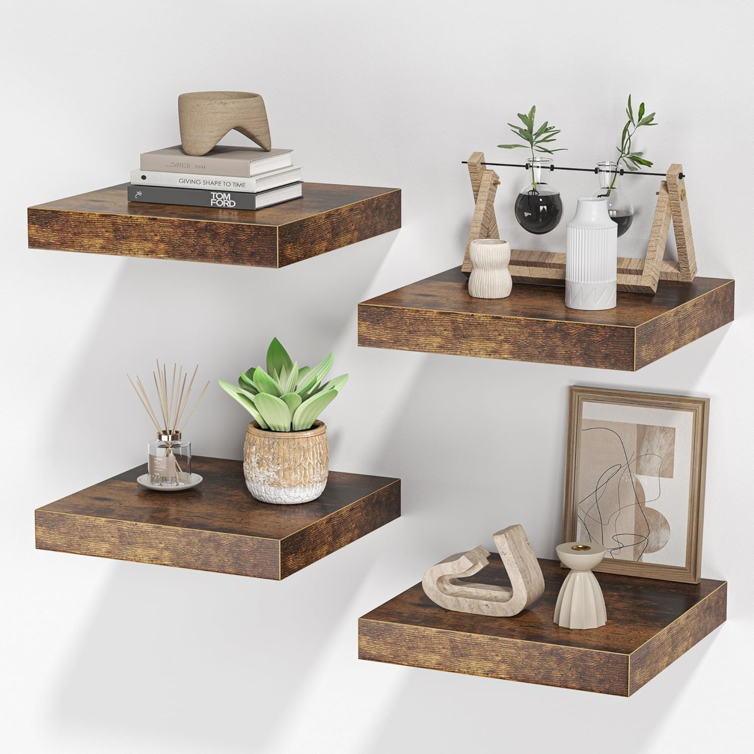 Square Floating Shelves for Wall, 10"W x 10"D x 1.2"H, Small Wooden Wall Mounted Display Shelf with Invisible Brackets for Living Room, Bedroom, Bathroom, Kitchen Decor, Set of 4, Rustic Brown