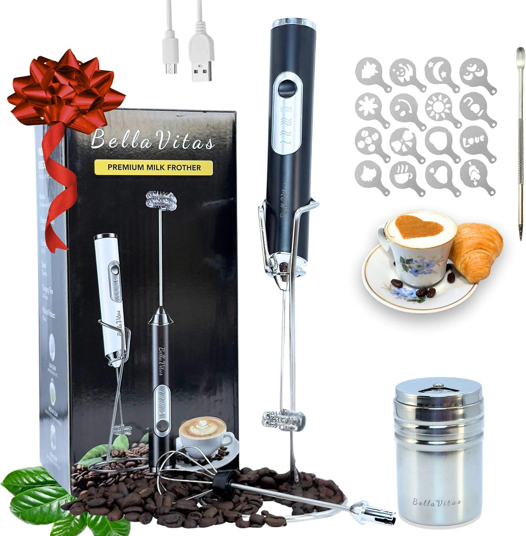 Milk Frother Handheld Rechargeable 3-Speed Electric Frother Wand Whisk Foam Maker Drink Mixer with Stand, 2 Whisks, Spice Shaker, Art Stencils, Art Pen for Coffee Latte, Cappuccino, Black