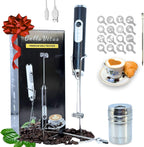 Milk Frother Handheld Rechargeable 3-Speed Electric Frother Wand Whisk Foam Maker Drink Mixer with Stand, 2 Whisks, Spice Shaker, Art Stencils, Art Pen for Coffee Latte, Cappuccino, Black