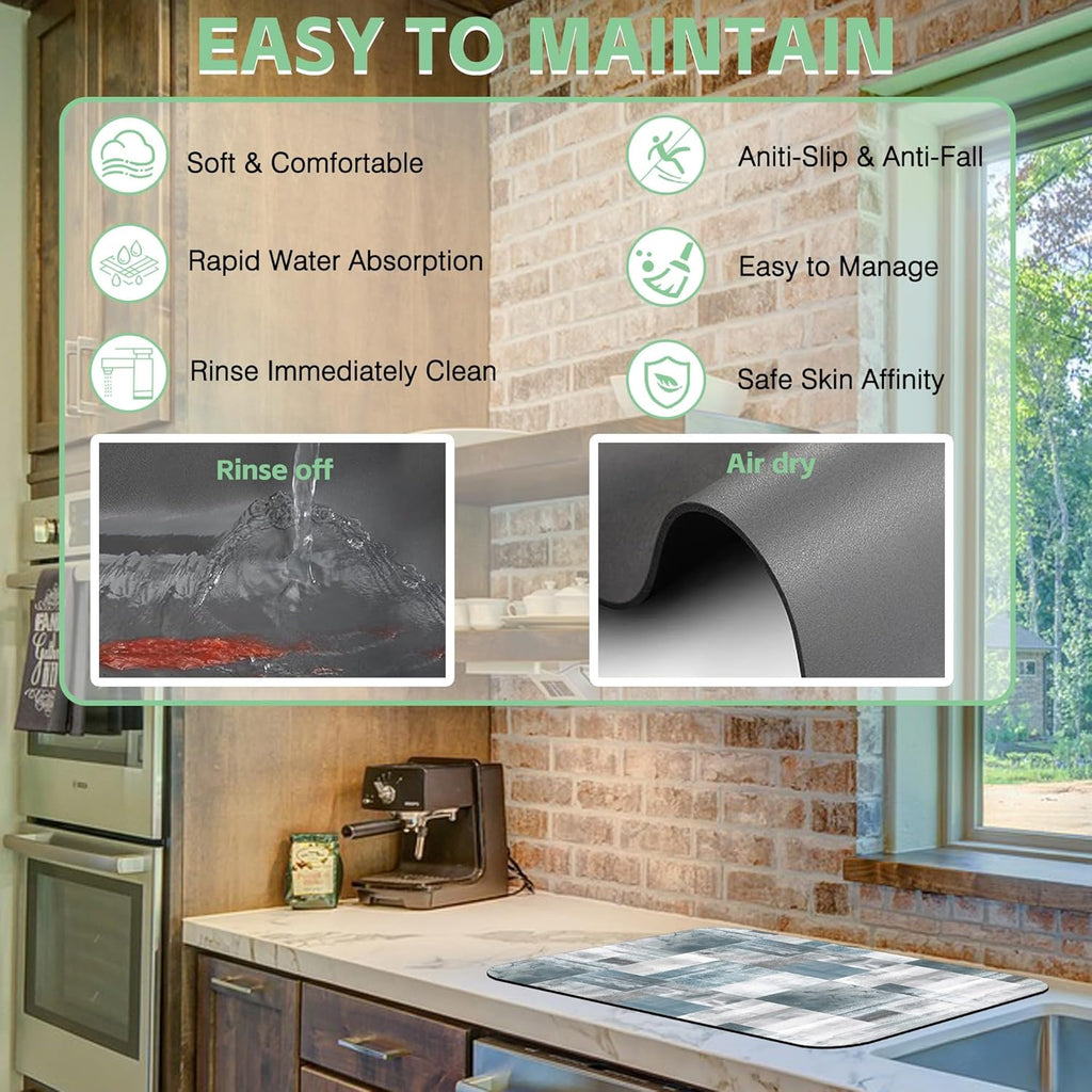 Dish Drying Mat Blue Grey Abstract Art Dish Drying Pad,16"X24" Bsorbent Coffee Mat for Sink Dishes or Under Rack Kitchen Counter Accessories Absorbent Hide Stain Rubber Backed Drying Mat