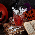 Remerry 100 Pcs Halloween Skeleton Swizzle Sticks Cocktail Garnish Sticks Hand Plastic Food Picks Coffee Stirrers Reusable Drink Stir Sticks Halloween Party Decorations for Birthday Bar Home(White)