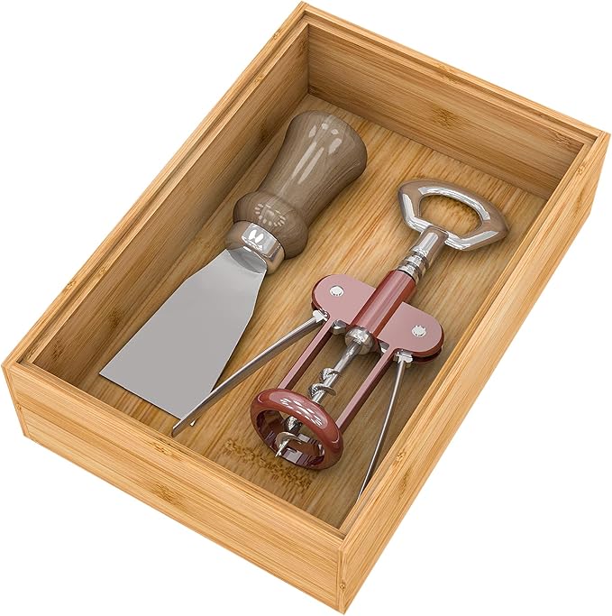 Utensil Organizer Silverware Drawer Organizer - Stackable Bamboo Flatware Caddy Cutlery Holder, Wooden Storage Boxes Tray for Bedroom,Office, Bathroom, Vanity & Garage Tool Organization(9"6"2.5")