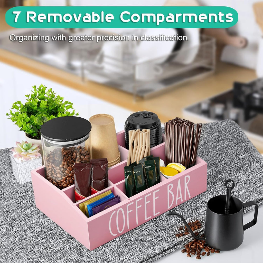 ALELION Pink Coffee Station Organizer for Countertop - 7 Compartments Coffee Bar Accessories and Organizer with Removable Dividers - for Pink Kitchen Coffee Bar Decor