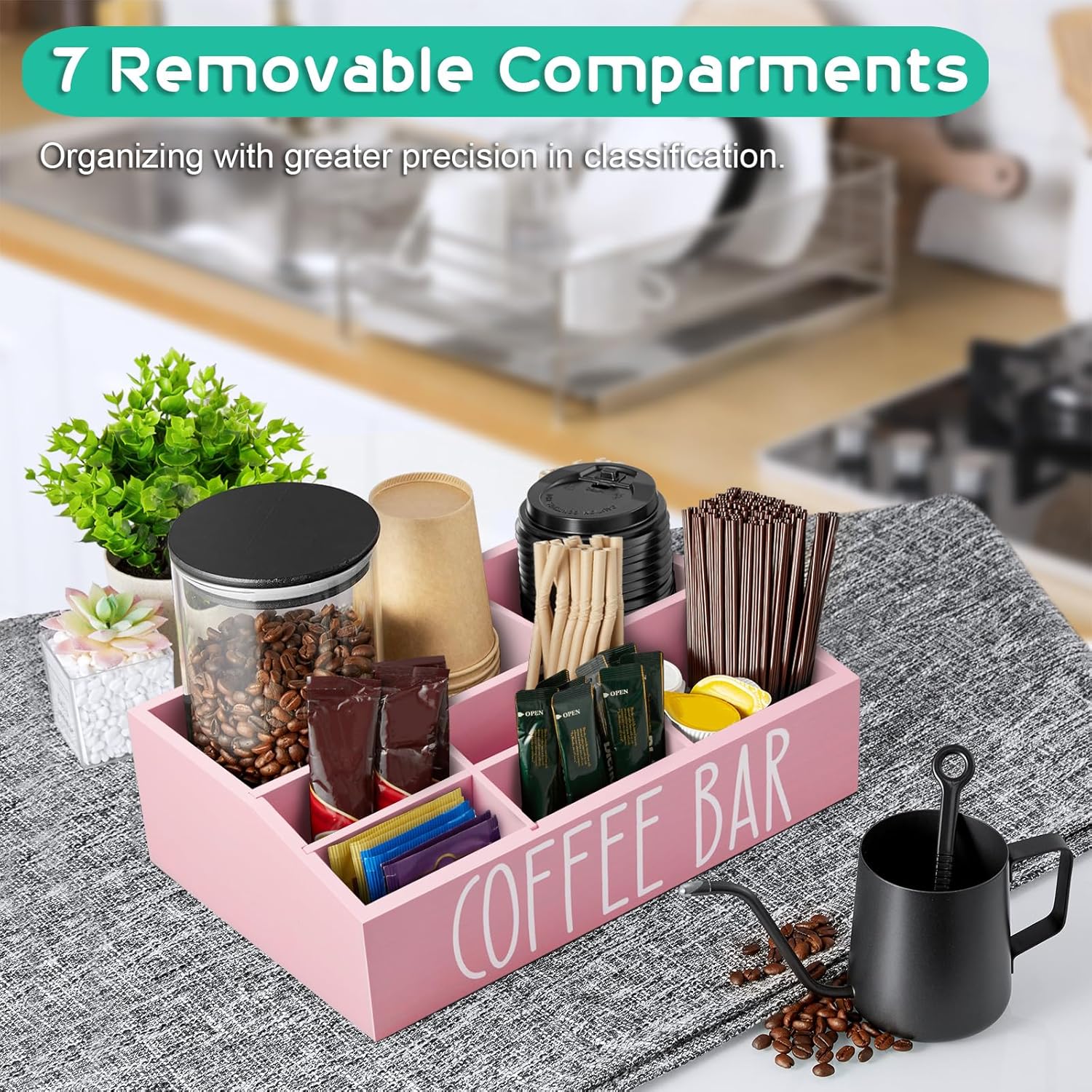 ALELION Pink Coffee Station Organizer for Countertop - 7 Compartments Coffee Bar Accessories and Organizer with Removable Dividers - for Pink Kitchen Coffee Bar Decor