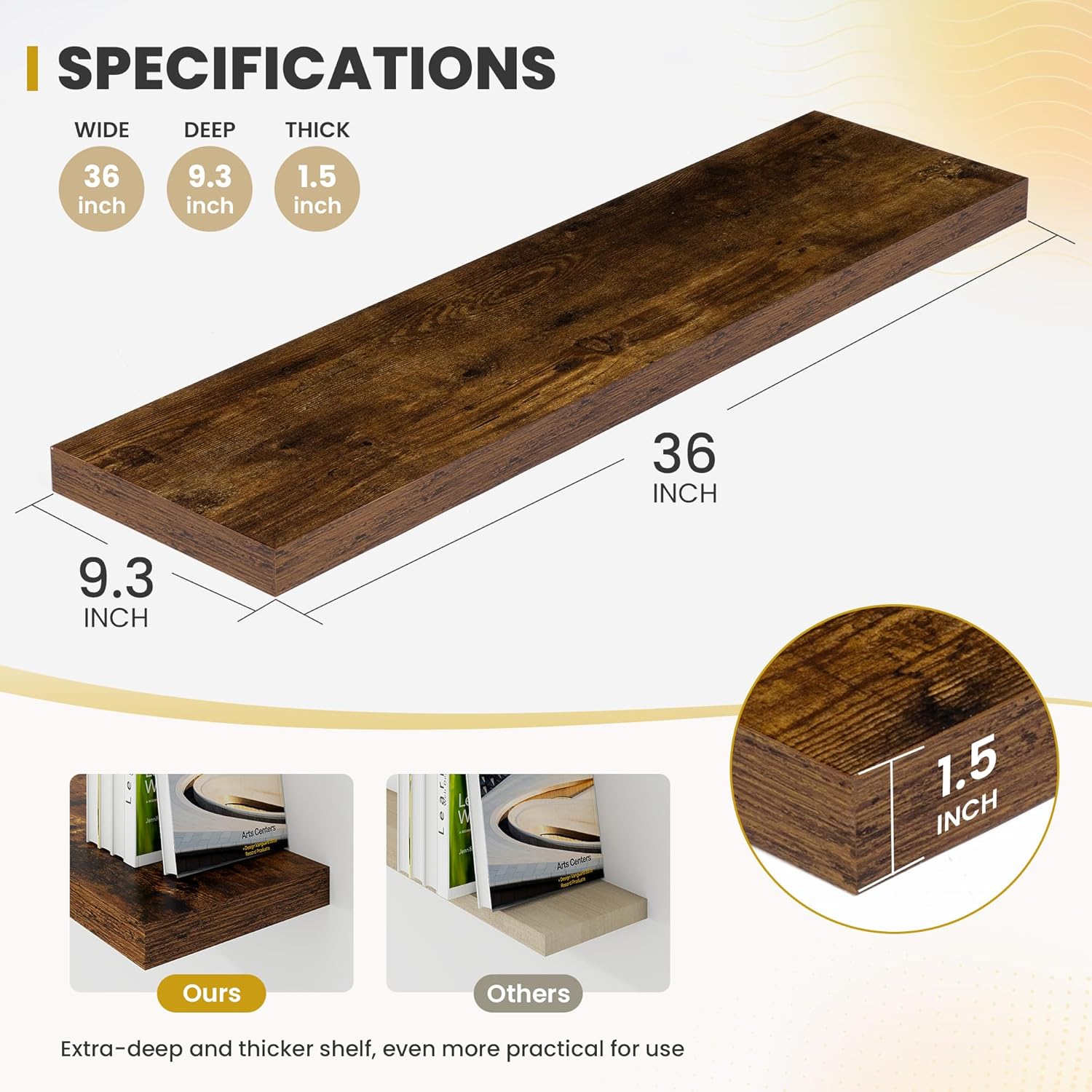 36 Inch Floating Shelves, 9.3" Deep Floating Shelf Wall Mounted, 36" Wall Shelves, Rustic Deep Bookshelf, Large Display Shelves & Storage Shelves for Bedroom, Living Room, Brown, Set of 2