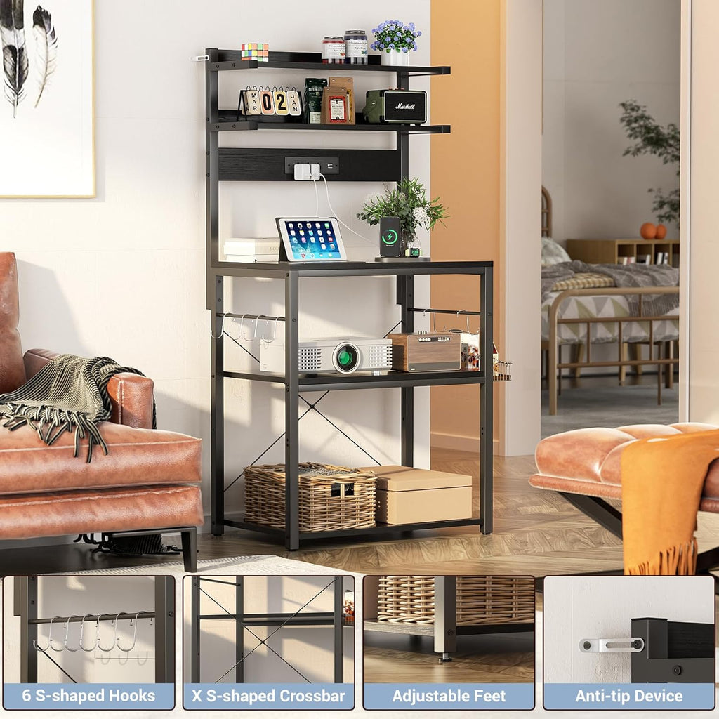 Aheaplus Bakers Rack with Power Outlet, Microwave Stand, 5 Tiers Coffee Bar Station with Led Lights, Kitchen Storage Shelf with 6 S-Shaped Hooks, Kitchen Rack for Spices, Pots and Pans, Black