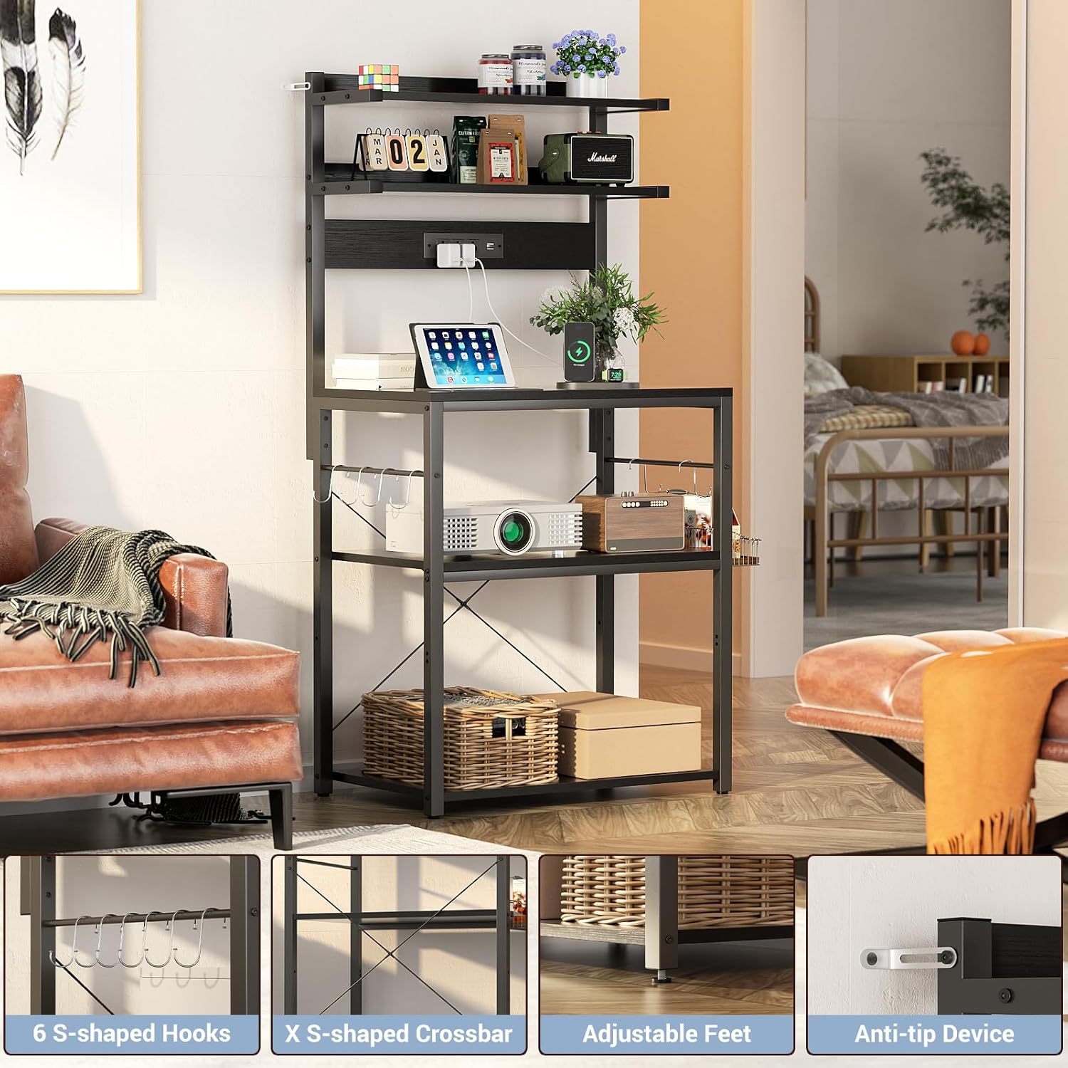 Aheaplus Bakers Rack with Power Outlet, Microwave Stand, 5 Tiers Coffee Bar Station with Led Lights, Kitchen Storage Shelf with 6 S-Shaped Hooks, Kitchen Rack for Spices, Pots and Pans, Black