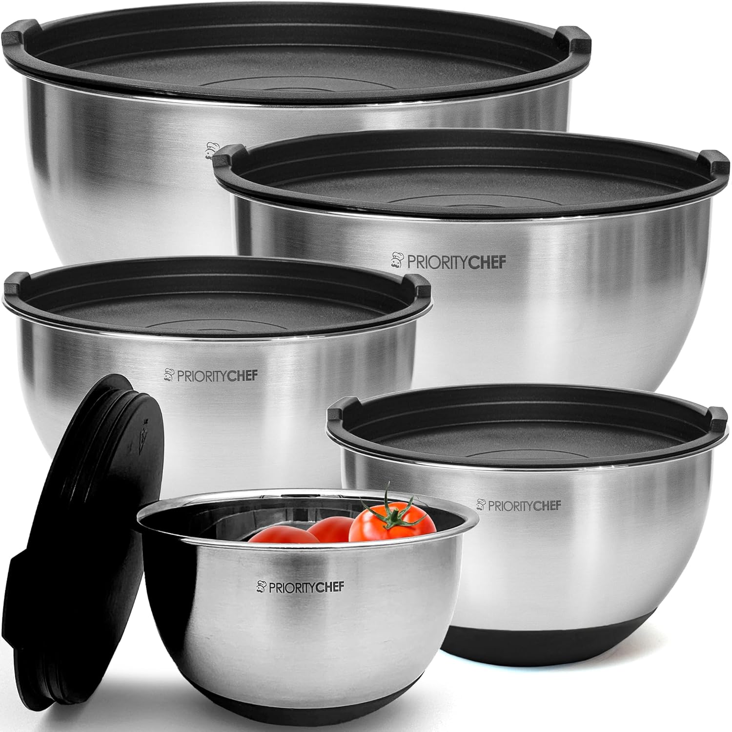 Priority Chef Premium Mixing Bowls With Lids Set, Airtight Lids, Thicker Stainless Steel Mixing Bowl Set, Large Prep Metal Bowls, Nesting Bowls for Kitchen, 1.5/2/3/4/5 Qrt, Black