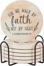 Absorbent Coaster Set of 6 with Holder, Drink Coasters for Coffee Table, Kitchen, Home Decor, Cute Ceramic Round Coasters, Alternative to Silicone, Cork or Glass Coaster (Blessed)