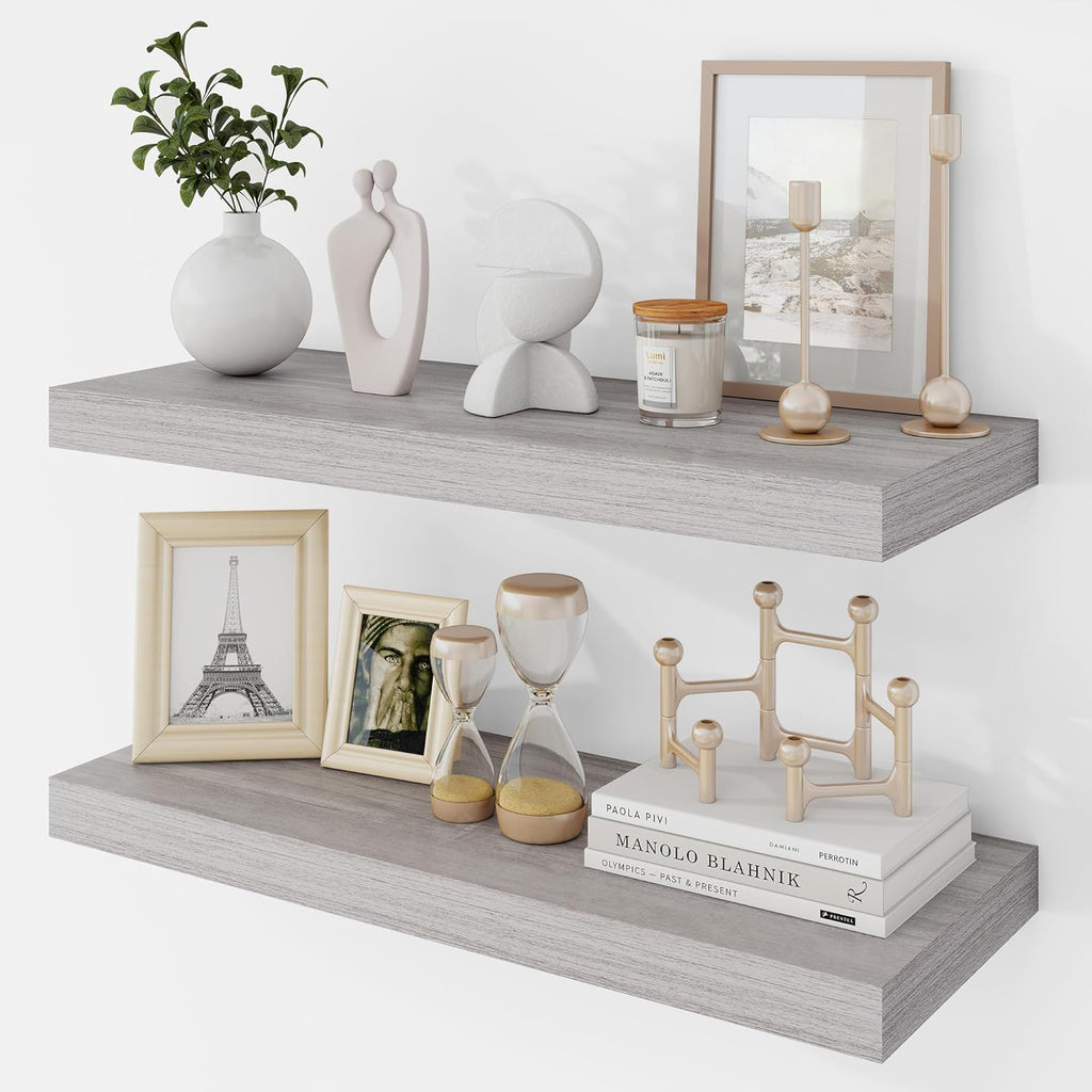 24 Inch Floating Shelves, 9.3" Deep Floating Shelf Wall Mounted, 24" Wall Shelves, Rustic Deep Bookshelf, Large Display Shelves & Storage Shelves for Bedroom, Living Room, Gray, Set of 2