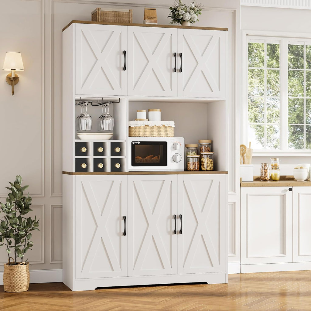HOSTACK Kitchen Pantry Storage Cabinet, 71" Tall Food Pantry Cabinet with Microwave Stand, Farmhouse Kitchen Hutch, Coffee Bar Hutch with Wine Rack for Dining Room, Living Room, White