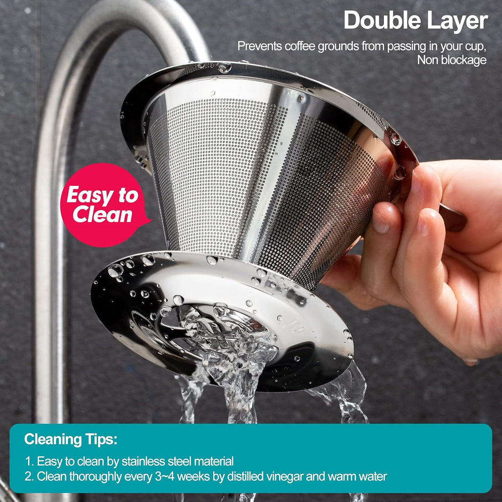 Pour Over Coffee Dripper, Slow Drip Paperless Coffee Filter, Stainless Steel Pour Over Coffee Maker for Single Cup Brew, Double Mesh Design of Manual Reusable Cone Filter.