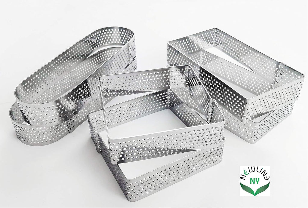 NewlineNY Stainless Steel 6 Pcs Perforated Oval, Rectangular, Square Tart Rings Molding Plating: 2 of each (5" x 1.5") + (4" x 1.5") + (2.8" square) x (0.8" H) Sizes