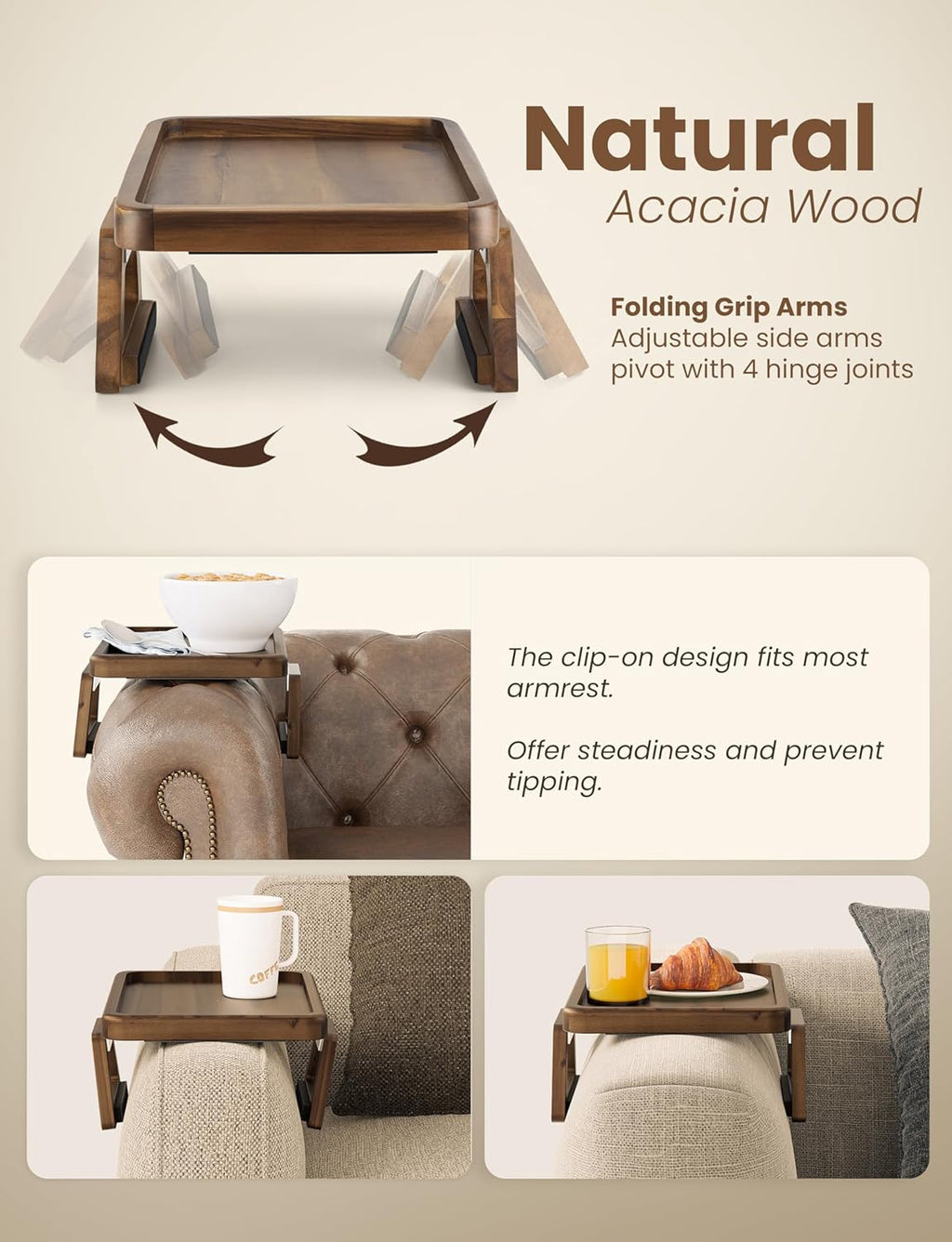 Tinamo Acacia Sofa Arm Tray, Rectangle Couch Armrest Table - Couch Accessories, Armchair Caddy, Clip on Tray for Home Sofa Living Room, Sofa Arm Table (Walnut, 13.75" D x 9.5" W x 1" H)