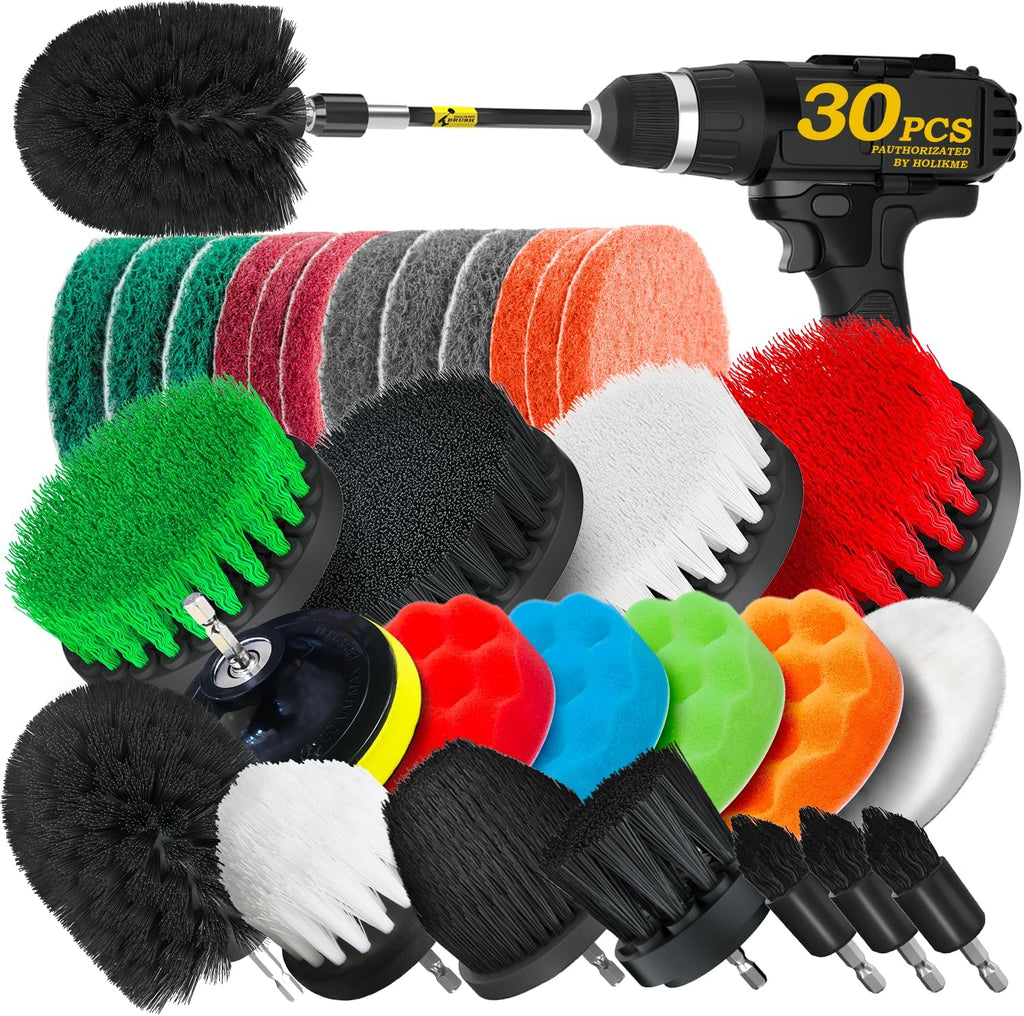Holikme 30 Piece Drill Brush Set, Scrub Pads Scrubber Brush with Extend Long Handle Clean for Grout, Tiles, Bathtub, Bathroom, Kitchen, Black