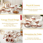 DUJUST 22 pcs Royal Vintage Porcelain Tea Set for 6, Luxury British Tea Sets for Adults with Red Patterns & Golden Trim, Beautiful Floral Tea/Coffee Cup Set, Gift Package - Royal Treat for You