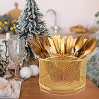 360° Rotating Metal Utensil Caddy - 4 Compartment Silverware Cutlery Holder Rotation Fork Spoon Napkin Organizer Flatware Storage Basket Party Countertop Buffet Picnic Camping Outdoor Gold
