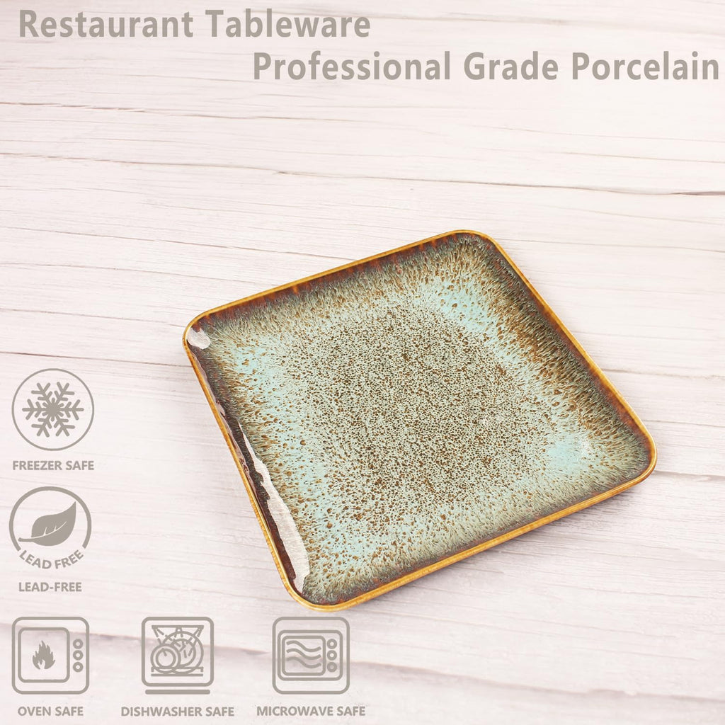 Ceramic Dinner Plates Dish Set,Set of 4,for Lunch snacks -Microwave Oven & Dishwasher Safe,Scratch Resistant,Dinnerware Kitchen Porcelain Serving Dishes,9 inch Square