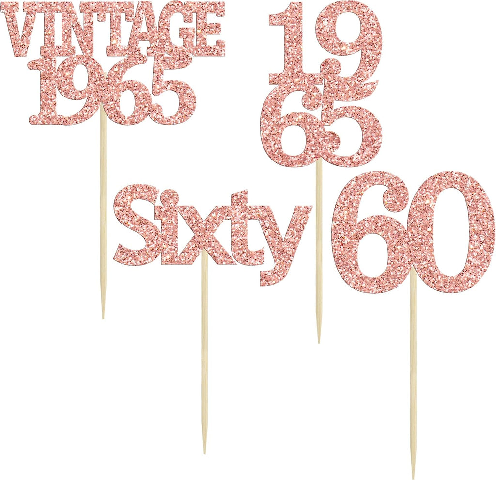 Gyufise 24Pcs 60th Birthday Cupcake Toppers Cheers to 60 Fabulous Sixty Cupcake Picks Vintage 1965 Decorations for 60th Birthday Wedding Anniversary Party Cake Decorations Supplies Rose Gold
