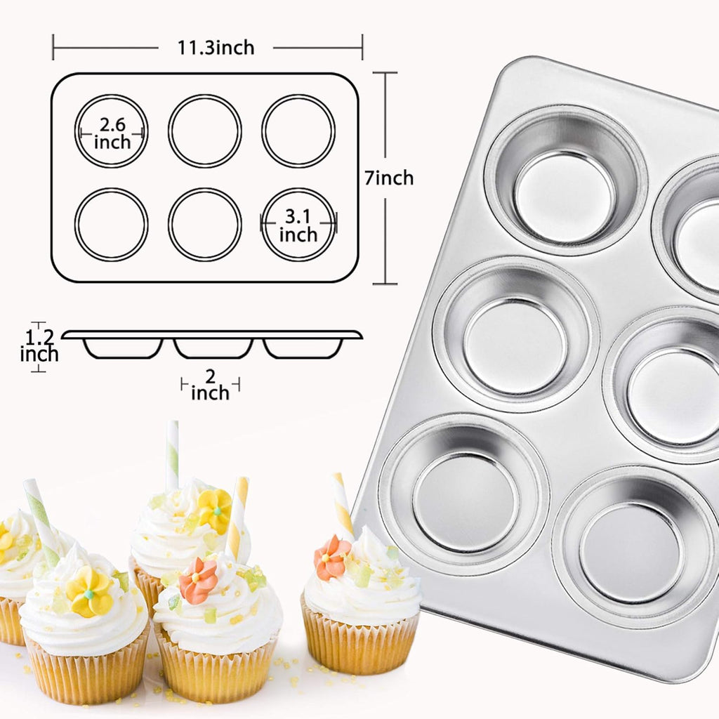 TeamFar Muffin Pan, 6 Cup Muffin Baking Tins Pans, Cupcake Pan Tray Set Stainless Steel for Baking Cakes Cornbread Tarts and More, Healthy & Non Toxic, Oven & Dishwasher Safe - Set of 3