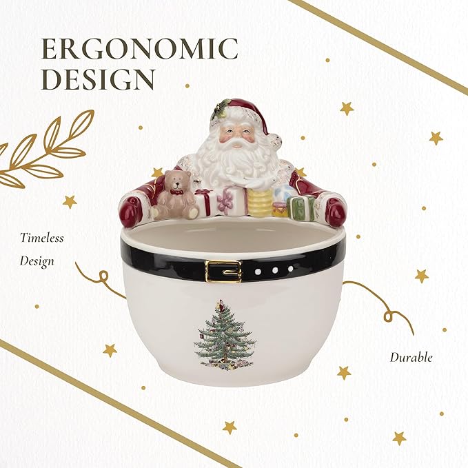 Spode Christmas Tree 7-Inch Santa Nut Bowl - Decorative Serving Bowl for Candies, Nuts, or Desserts - Christmas Holiday Season, Fine Earthenware - Holiday Entertaining & Festive Table Decor
