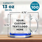 Custom Clear Glass Coffee Mugs 13 oz. Set of 100, Personalized Bulk Pack - Perfect for Coffee, Tea, Espresso, Hot Cocoa, Other Beverages - Blue Bottom