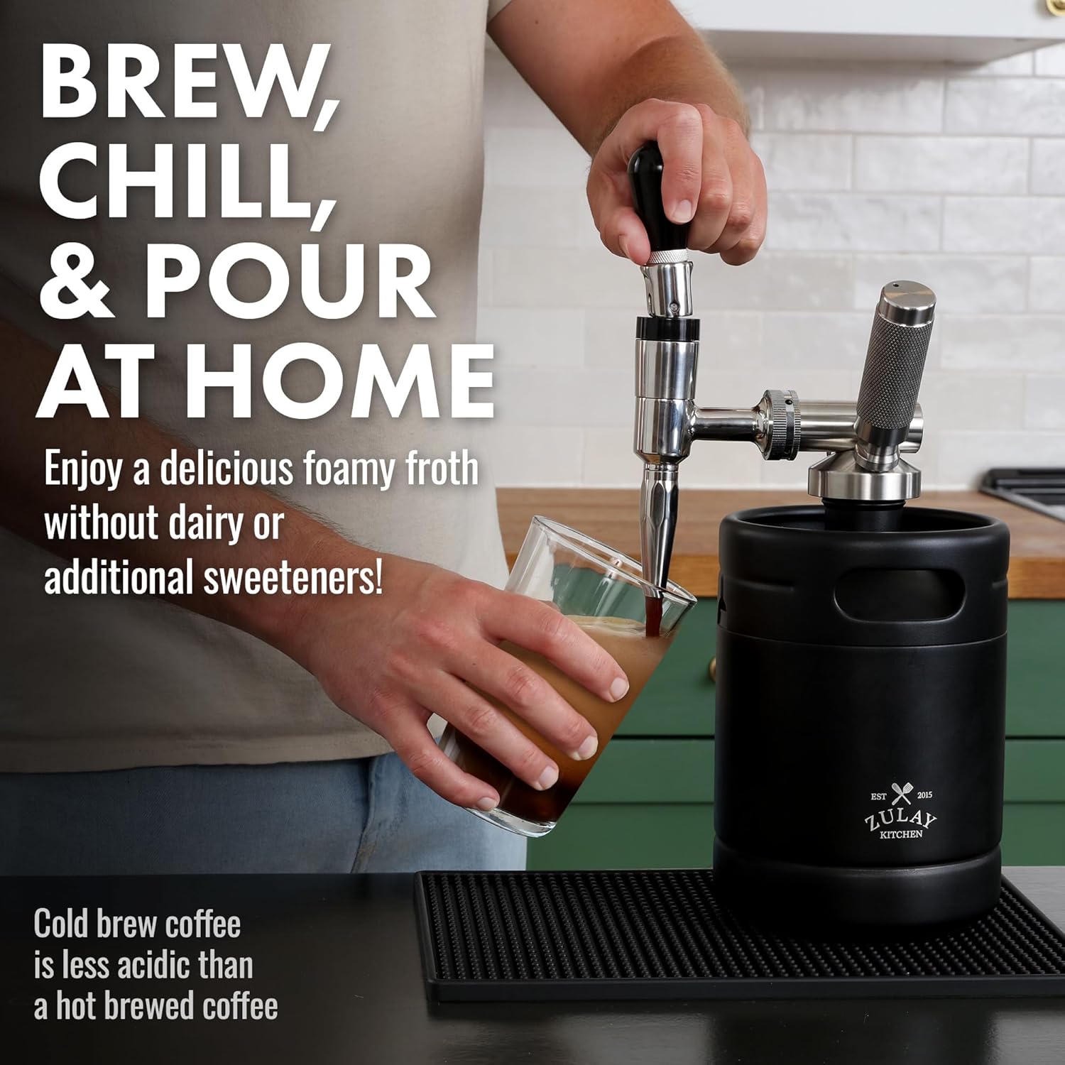Zulay Nitro Cold Brew Maker - Nitro Cold Brew Keg with Pressure Relieving Valve & Creamer Faucet - Gift for Coffee Lovers - Nitro Cold Brew Coffee Maker for Home - Collapsible Funnel & Drip Mat