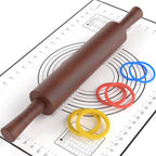 Classic Wooden Rolling Pin with Handle and Pastry Mat for Fondant, Pizza, Pies, Cookies,Rolling Pin for Baking with 3 Multi-Color Thickness Rings,17" x 2.5" (Include handle)